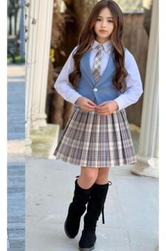 Kız Çocuk Gümüş Düğme Detaylı Mavi Yelek Gabardin Gömlek Kravatlı Ekose Çizgili Etekli Takım