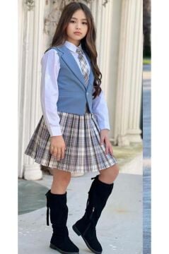 Kız Çocuk Gümüş Düğme Detaylı Mavi Yelek Gabardin Gömlek Kravatlı Ekose Çizgili Etekli Takım