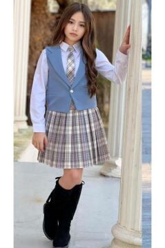 Kız Çocuk Gümüş Düğme Detaylı Mavi Yelek Gabardin Gömlek Kravatlı Ekose Çizgili Etekli Takım