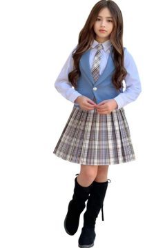 Kız Çocuk Gümüş Düğme Detaylı Mavi Yelek Gabardin Gömlek Kravatlı Ekose Çizgili Etekli Takım