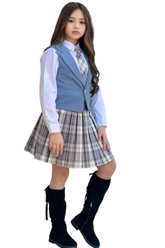 Kız Çocuk Gümüş Düğme Detaylı Mavi Yelek Gabardin Gömlek Kravatlı Ekose Çizgili Etekli Takım