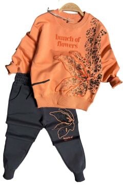 Kız Çocuk Yaprak Nakış İşlemeli ve Flowers Baskılı Turuncu Eşofman Takım