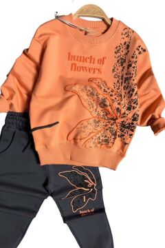 Kız Çocuk Yaprak Nakış İşlemeli ve Flowers Baskılı Turuncu Eşofman Takım