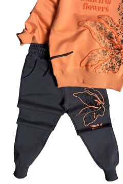 Kız Çocuk Yaprak Nakış İşlemeli ve Flowers Baskılı Turuncu Eşofman Takım