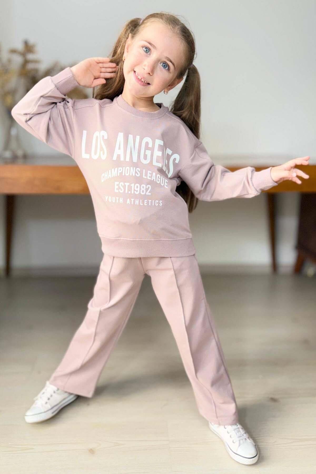 Kız Çocuk Üzeri New Los Angeles Detaylı Bilekleri Manşetli Bol Kesim Pudra Eşofman Takım