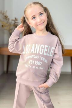 Kız Çocuk Üzeri New Los Angeles Detaylı Bilekleri Manşetli Bol Kesim Pudra Eşofman Takım