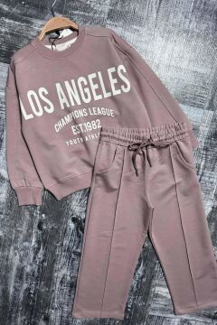 Kız Çocuk Üzeri New Los Angeles Detaylı Bilekleri Manşetli Bol Kesim Pudra Eşofman Takım