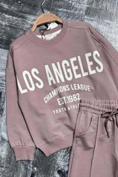 Kız Çocuk Üzeri New Los Angeles Detaylı Bilekleri Manşetli Bol Kesim Pudra Eşofman Takım