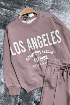 Kız Çocuk Üzeri New Los Angeles Detaylı Bilekleri Manşetli Bol Kesim Pudra Eşofman Takım