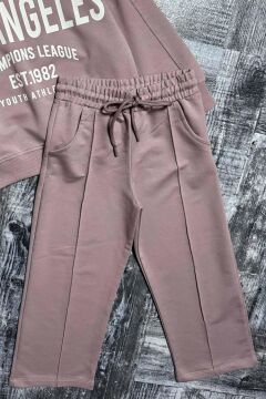 Kız Çocuk Üzeri New Los Angeles Detaylı Bilekleri Manşetli Bol Kesim Pudra Eşofman Takım