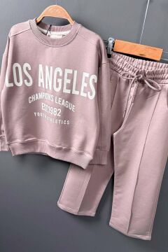 Kız Çocuk Üzeri New Los Angeles Detaylı Bilekleri Manşetli Bol Kesim Pudra Eşofman Takım
