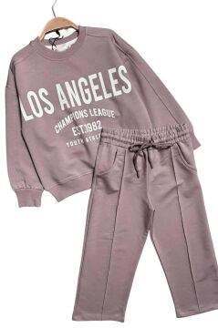 Kız Çocuk Üzeri New Los Angeles Detaylı Bilekleri Manşetli Bol Kesim Pudra Eşofman Takım