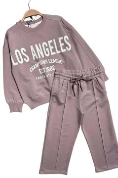 Kız Çocuk Üzeri New Los Angeles Detaylı Bilekleri Manşetli Bol Kesim Pudra Eşofman Takım