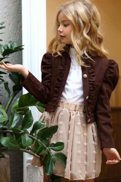 Kız Çocuk Puantiyeli Etek ve Denim Ceketli Kahverengi Etekli Takım