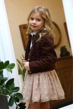 Kız Çocuk Puantiyeli Etek ve Denim Ceketli Kahverengi Etekli Takım