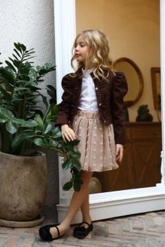 Kız Çocuk Puantiyeli Etek ve Denim Ceketli Kahverengi Etekli Takım