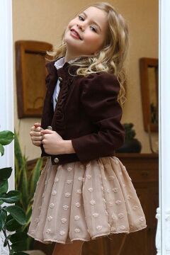 Kız Çocuk Puantiyeli Etek ve Denim Ceketli Kahverengi Etekli Takım