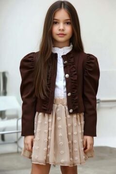 Kız Çocuk Puantiyeli Etek ve Denim Ceketli Kahverengi Etekli Takım