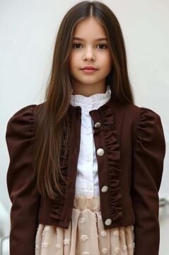 Kız Çocuk Puantiyeli Etek ve Denim Ceketli Kahverengi Etekli Takım