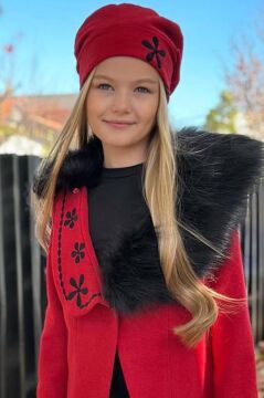 Kız Çocuk Yakası Kürk ve Yonca Detaylı Etekli Kırmızı Kaşe