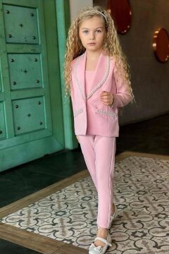 Kız Çocuk Yaka Kenarları İnci Taş İşlemeli Blazer Ceket Kolsuz Penye Crop Pembe Alt Üst Takım