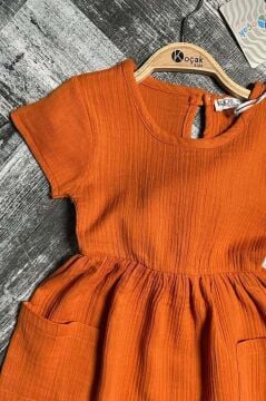 Kız Çocuk Çift Cepli Salaş Kesim Kolsuz Kiremit Müslin Elbise