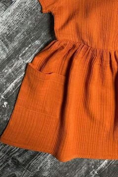 Kız Çocuk Çift Cepli Salaş Kesim Kolsuz Kiremit Müslin Elbise