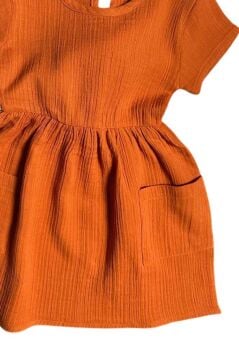 Kız Çocuk Çift Cepli Salaş Kesim Kolsuz Kiremit Müslin Elbise