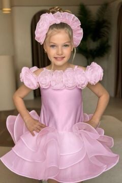 Kız Çocuk Madonna Yaka Beli Kabarık Fırfırlı Pembe Abiye