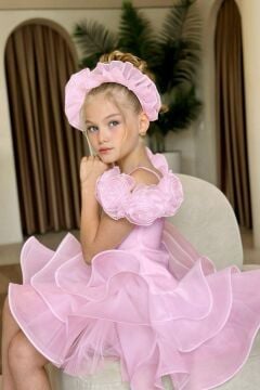 Kız Çocuk Madonna Yaka Beli Kabarık Fırfırlı Pembe Abiye