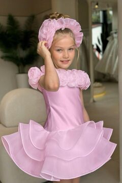 Kız Çocuk Madonna Yaka Beli Kabarık Fırfırlı Pembe Abiye