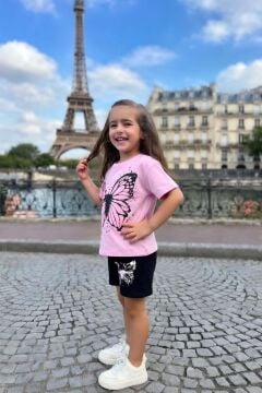 Kız Çocuk Puantiye Baskılı ve Kelebek Baskılı Pembe T-Shirt Şortlu Takım