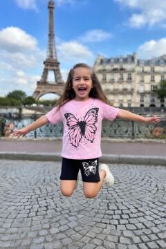 Kız Çocuk Puantiye Baskılı ve Kelebek Baskılı Pembe T-Shirt Şortlu Takım