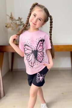 Kız Çocuk Puantiye Baskılı ve Kelebek Baskılı Pembe T-Shirt Şortlu Takım
