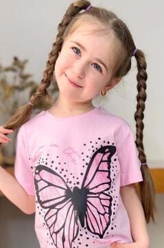 Kız Çocuk Puantiye Baskılı ve Kelebek Baskılı Pembe T-Shirt Şortlu Takım