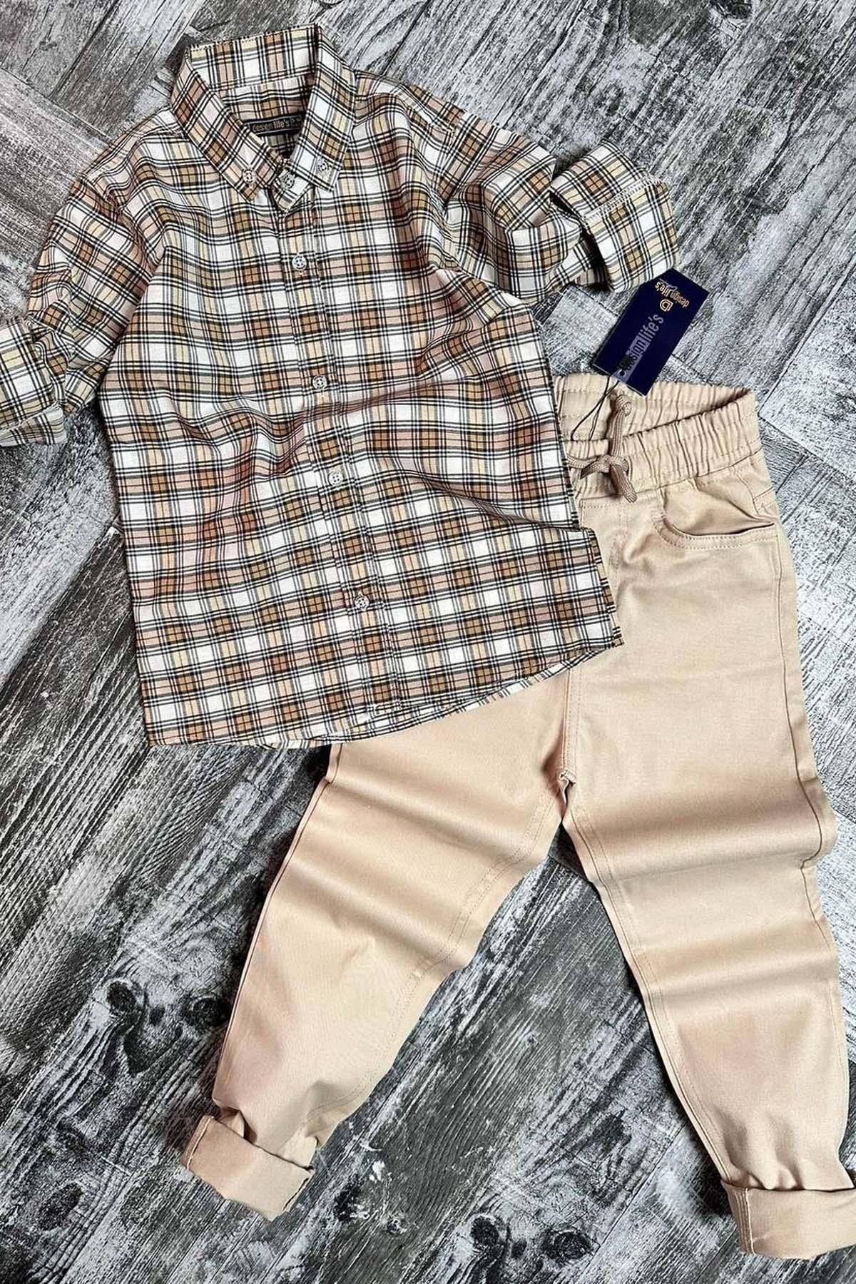 Erkek Çocuk Likralı Gabardin Çizgili Dokuma Kahverengi Gömlek Alt Üst Takım