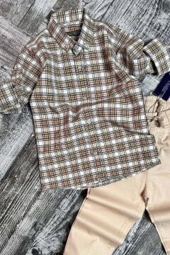 Erkek Çocuk Likralı Gabardin Çizgili Dokuma Kahverengi Gömlek Alt Üst Takım