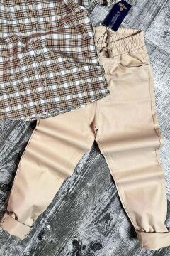 Erkek Çocuk Likralı Gabardin Çizgili Dokuma Kahverengi Gömlek Alt Üst Takım