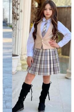 Kız Çocuk Gümüş Düğme Detaylı Krem Yelek Gabardin Gömlek Kravatlı Ekose Çizgili Etekli Takım