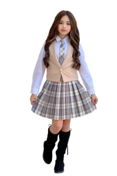 Kız Çocuk Gümüş Düğme Detaylı Krem Yelek Gabardin Gömlek Kravatlı Ekose Çizgili Etekli Takım