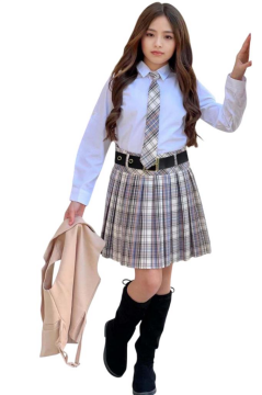 Kız Çocuk Gümüş Düğme Detaylı Krem Yelek Gabardin Gömlek Kravatlı Ekose Çizgili Etekli Takım