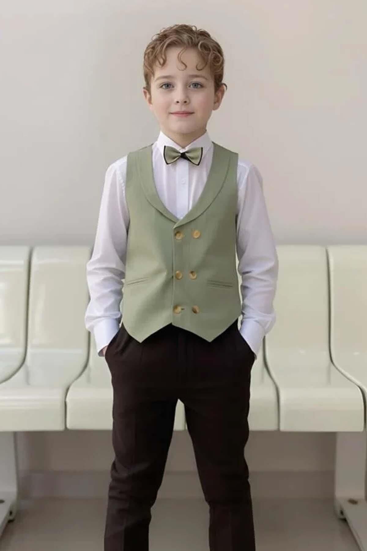 Erkek Bebek Takım Elbise New Düğmeli Yelek Yeşil Alt Üst Takım