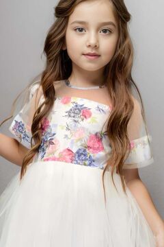 Kız Çocuk Kurdele Toka ve Şerit Detaylı Tüllü Gül Desenli Beyaz Elbise