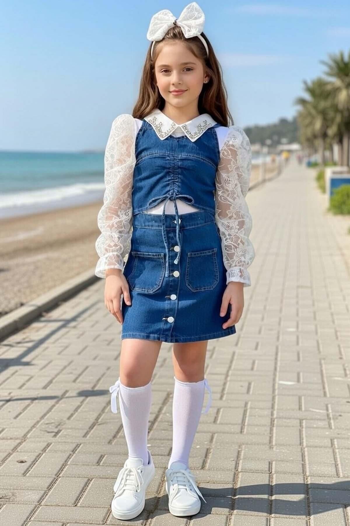 Kız Çocuk Çıkarılabilir Taş Detaylı Yaka Kolları Dantel ve Şeffaf Tüllü Bluz ve Jean Etekli Takım