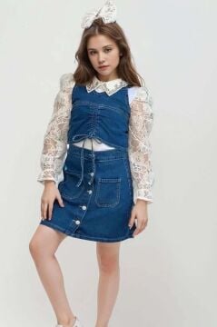 Kız Çocuk Çıkarılabilir Taş Detaylı Yaka Kolları Dantel ve Şeffaf Tüllü Bluz ve Jean Etekli Takım