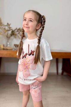 Kız Çocuk Çiçek Ve Girl Yazı Baskılı Penye T-Shirt Pudra Şortlu Takım