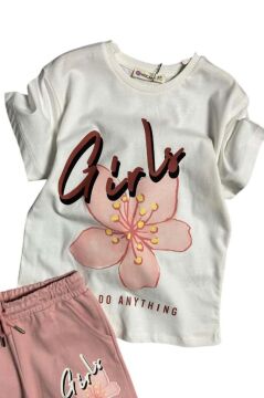 Kız Çocuk Çiçek Ve Girl Yazı Baskılı Penye T-Shirt Pudra Şortlu Takım