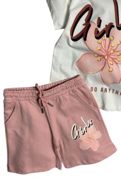 Kız Çocuk Çiçek Ve Girl Yazı Baskılı Penye T-Shirt Pudra Şortlu Takım