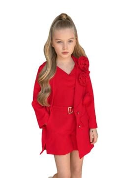 Kız Çocuk Gold Düğmeli ve Gül Broşlu Blazer Ceket Askılı Penye Bluz Kırmızı Şortlu Takım