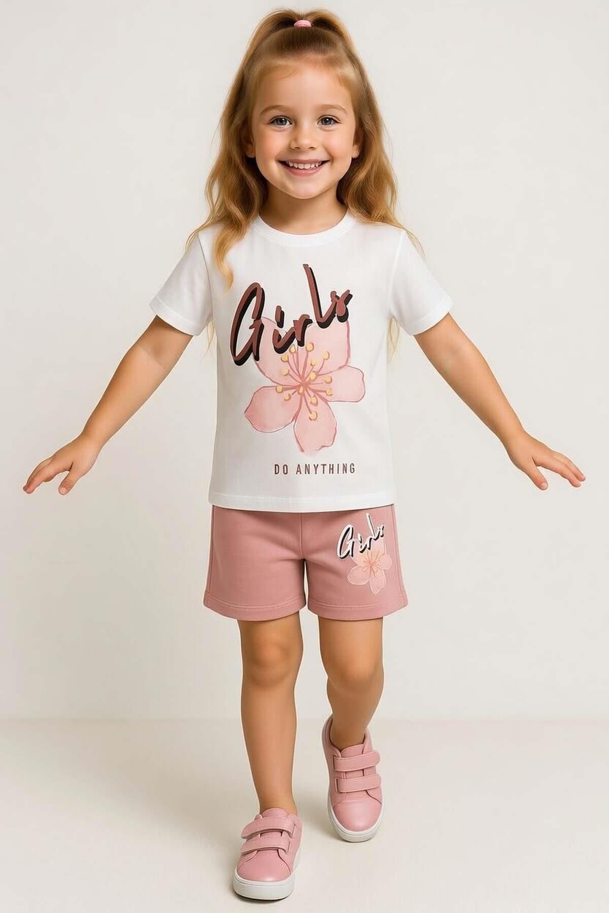 Kız Çocuk Üzeri Girl Yazı ve Lale Detaylı T-Shirt Pudra Şortlu Takım